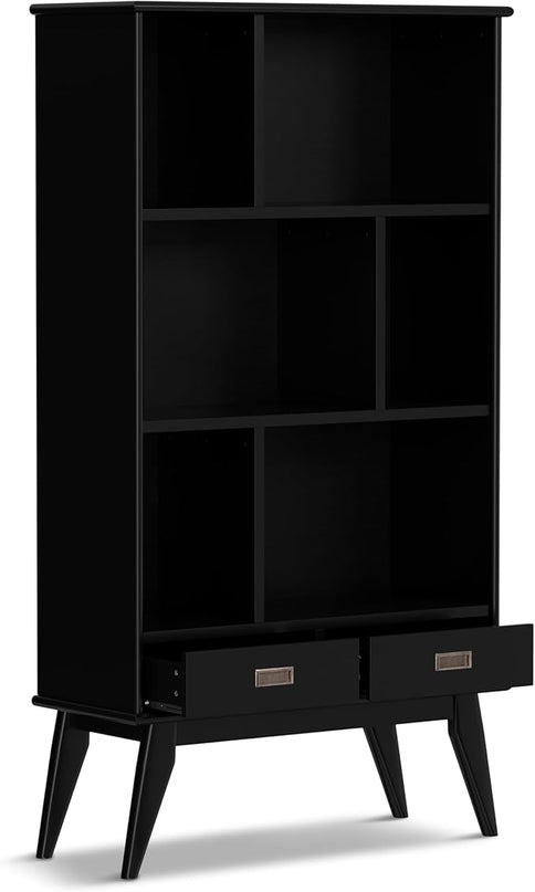 SIMPLIHOME Draper SOLID HARDWOOD 64 inch x 35 inch Mid Century Modern Wide Bookcase and Storage Unit in Black for The Living Room, Study Room and Office - LeafyLoom