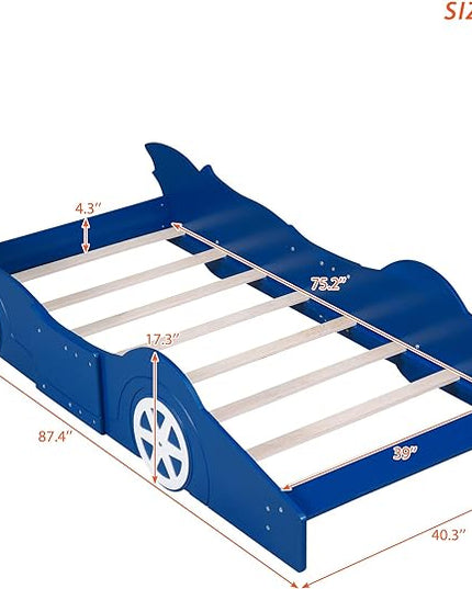 Car Shaped Toddler Bed with Wheels,Racecar Platform Beds W/Safety Guardrail,Slats Support,Stylish Design,Easy Assembly,Wood Twin Bedframe for Boys Toddlers Kids Teens Bedroom,Blue - LeafyLoom