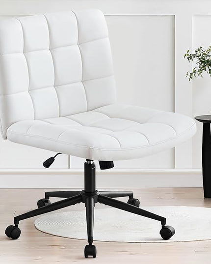 Furniliving Home Office Desk Chair with Wheels,Criss Cross Legged Wide Chair Armless Height Adjustable Chair with Mid Back PU-Padded Swivel Accent Vanity Chairs,IvoryWhite - LeafyLoom
