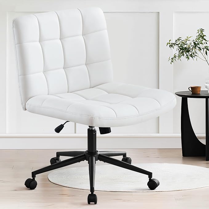 Furniliving Home Office Desk Chair with Wheels,Criss Cross Legged Wide Chair Armless Height Adjustable Chair with Mid Back PU-Padded Swivel Accent Vanity Chairs,IvoryWhite - LeafyLoom