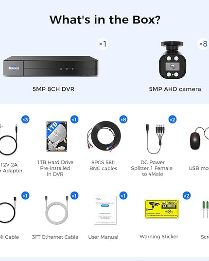 Hiseeu 3K Wired Outdoor Security Camera System with Audio,5MP 8CH Surveillance DVR,8 X5MP IP66 Weatherproof Cameras & 1TB HDD,Dual Light,Human/Vehicle Detection,Smart Playback for Home Security Hiseeu