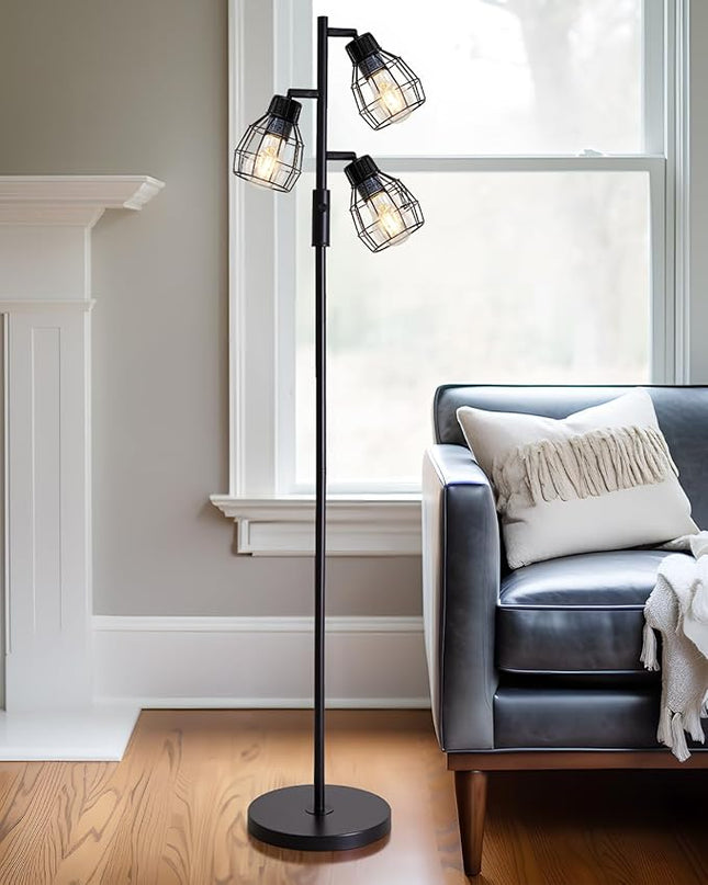 Oneach 64.25" Modern Floor Lamp for Living Room Black Floor Lamp for Bedroom Stand up Lamp for Office Industrial Tall Lamps with Rotary Switch with 3 Metal Lamp Head Adjustable（Bulbs Included） - LeafyLoom