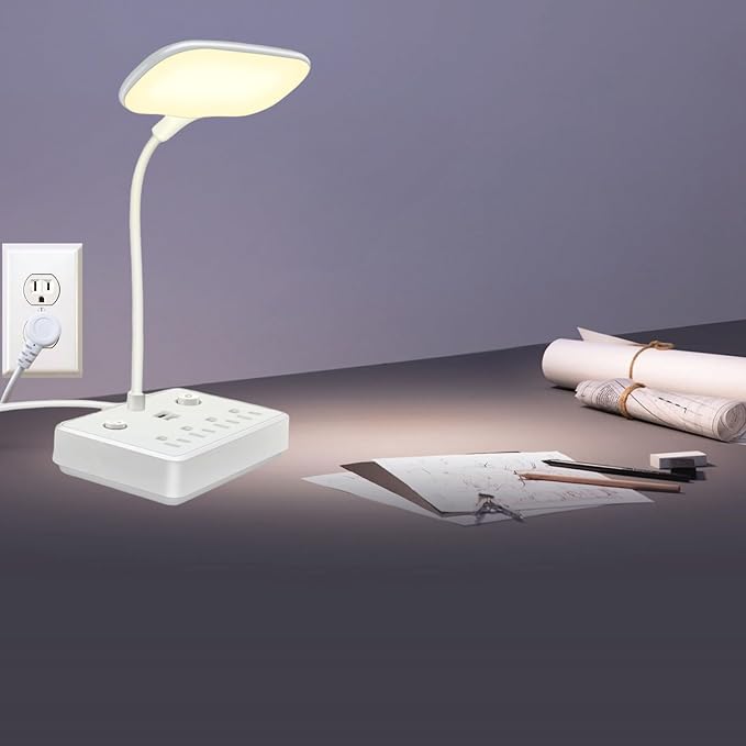 LED Desk Lamp with 2 USB Charging Port and 4 AC Power Outlet, Table Lamps 3 Lighting Modes, Eye-Caring Reading Lamp for Home Bedside Office - LeafyLoom
