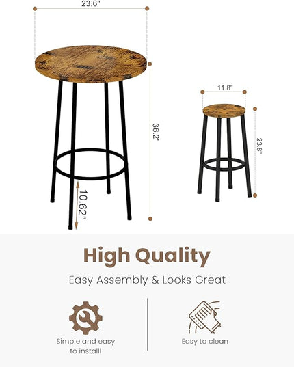 Recaceik 3 Piece Pub Dining Set, Modern Round bar Table and Stools for 2 Kitchen Counter Height Wood Top Bistro Easy Assemble for Breakfast Nook Living Room Small Space Restaurant, Rustic Brown 23 - LeafyLoom