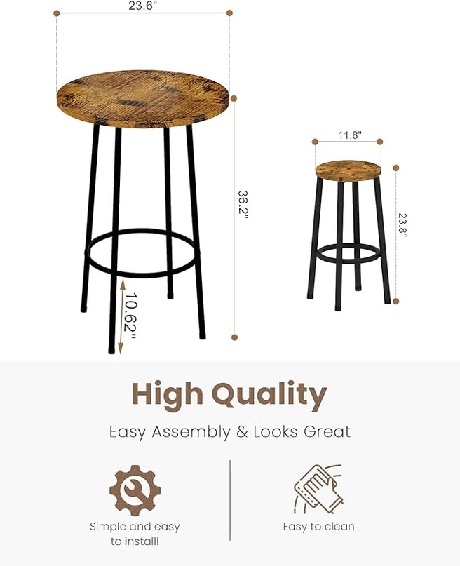 Recaceik 3 Piece Pub Dining Set, Modern Round bar Table and Stools for 2 Kitchen Counter Height Wood Top Bistro Easy Assemble for Breakfast Nook Living Room Small Space Restaurant, Rustic Brown 23 - LeafyLoom