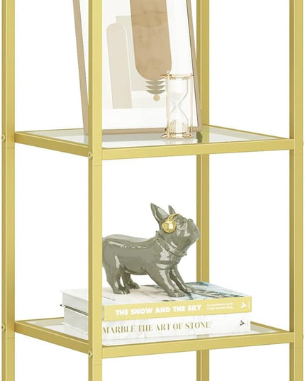 Bookcase Bookshelf, Tempered Glass Arched Bookshelf for More Storage, Slim Shelving Unit for Bedroom, Bathroom, Home Office, Steel Frame, 4 Tier Gold BC20499G - LeafyLoom