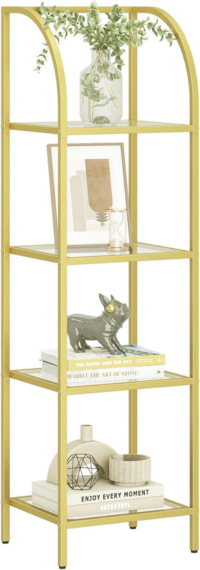 Bookcase Bookshelf, Tempered Glass Arched Bookshelf for More Storage, Slim Shelving Unit for Bedroom, Bathroom, Home Office, Steel Frame, 4 Tier Gold BC20499G - LeafyLoom