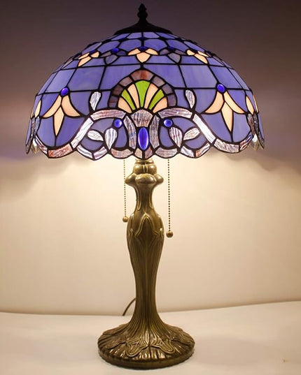 WERFACTORY Tiffany Lamp Blue Purple Stained Glass Baroque Table Lamp Lavender Style Bedside Desk Light Metal Base 16X16X24 Inches Decor Bedroom Living Room Home Office S003C Series (Blue Baraque) - LeafyLoom