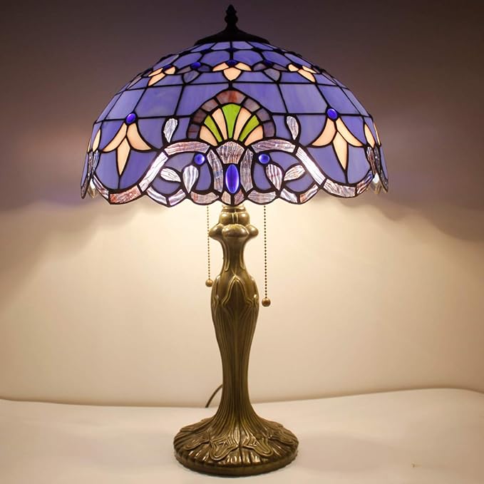 WERFACTORY Tiffany Lamp Blue Purple Stained Glass Baroque Table Lamp Lavender Style Bedside Desk Light Metal Base 16X16X24 Inches Decor Bedroom Living Room Home Office S003C Series (Blue Baraque) - LeafyLoom