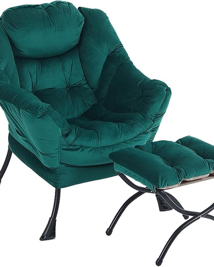 LITA Lazy Chair with Ottoman, Modern Accent Leisure Upholstered Sofa Chair, Contemporary Lounge Reading Chair with Armrests and a Side Pocket for Living Room, Bedroom & Small Space, Dark green - LeafyLoom