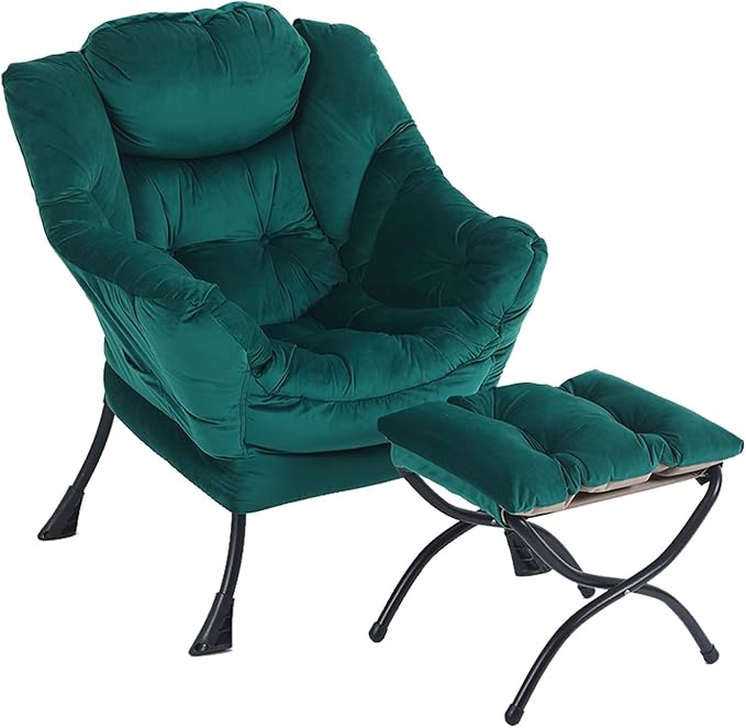 LITA Lazy Chair with Ottoman, Modern Accent Leisure Upholstered Sofa Chair, Contemporary Lounge Reading Chair with Armrests and a Side Pocket for Living Room, Bedroom & Small Space, Dark green - LeafyLoom