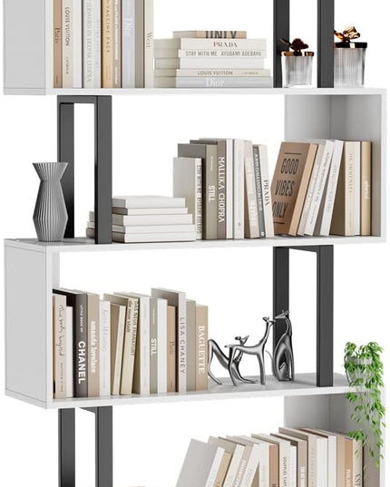 Gadroad 6 Tier Geometric Bookcase,S Shaped Bookshelf, Wood Decorative Storage Shelving, Modern Freestanding Display Shelves, Tall Book Shelf Unit for Living Room Bedroom, White - LeafyLoom