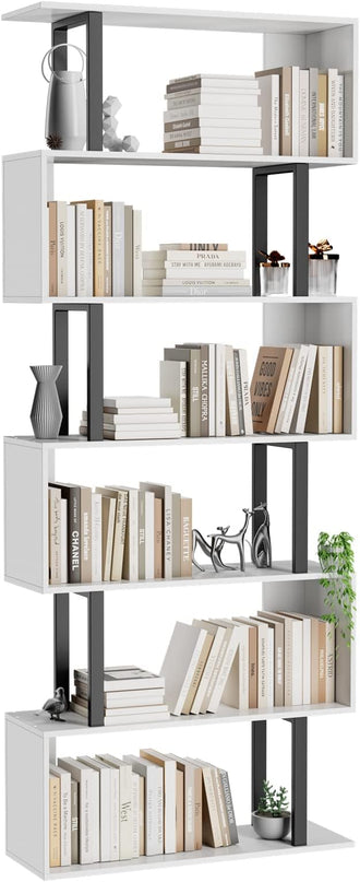 Gadroad 6 Tier Geometric Bookcase,S Shaped Bookshelf, Wood Decorative Storage Shelving, Modern Freestanding Display Shelves, Tall Book Shelf Unit for Living Room Bedroom, White - LeafyLoom