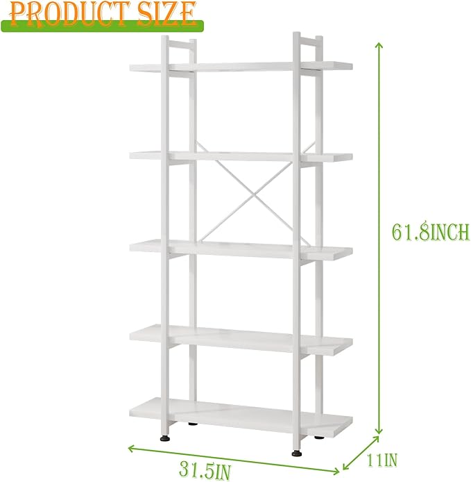 Bookshelf 5 Tiers White Wooden Storage Shelf,Modern Open Display Storage Bookcase Book Organizer,Metal Bookshelf Standing Storage Shelf Tall Shelving Units for Home Office Study - LeafyLoom