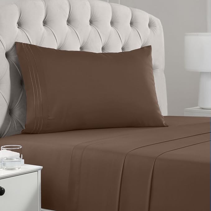 Mellanni Twin XL Sheets Set - 3 PC Iconic Collection Bedding Sheets & Pillowcases - Hotel Luxury, Extra Soft, Cooling Bed Sheets - Deep Pocket up to 16 inch (Twin Extra Long, Brown) - LeafyLoom