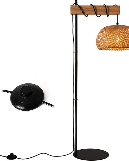 Industrial Tall Floor Lamp for Living Room Bamboo Lampshade, Black Lights Fixtures with Cord On/Off Switch E26 Base Industrial Modern Wire Wood Decoration Standing Lamp for Bedroom (No Bulb) - LeafyLoom