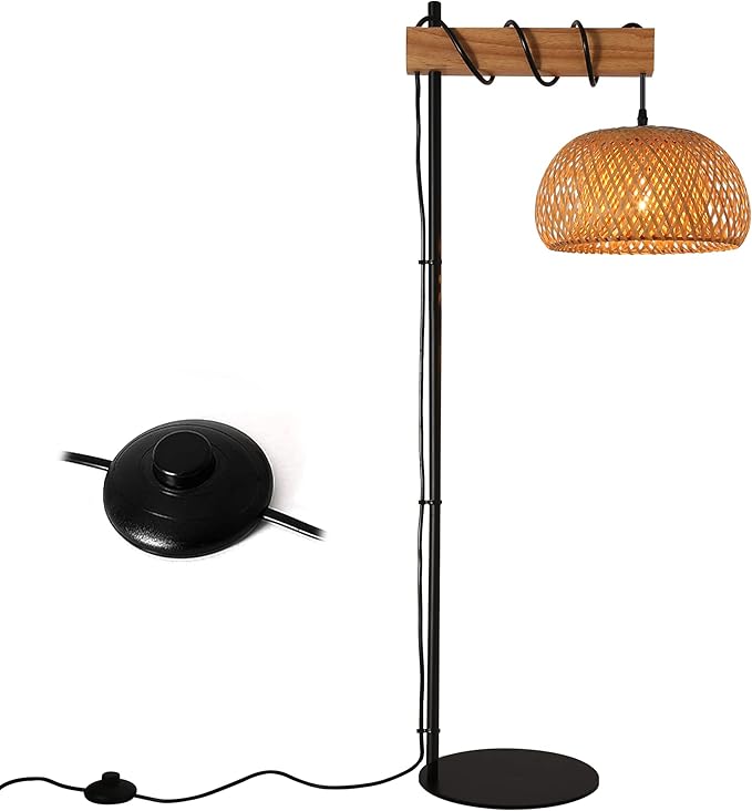 Industrial Tall Floor Lamp for Living Room Bamboo Lampshade, Black Lights Fixtures with Cord On/Off Switch E26 Base Industrial Modern Wire Wood Decoration Standing Lamp for Bedroom (No Bulb) - LeafyLoom