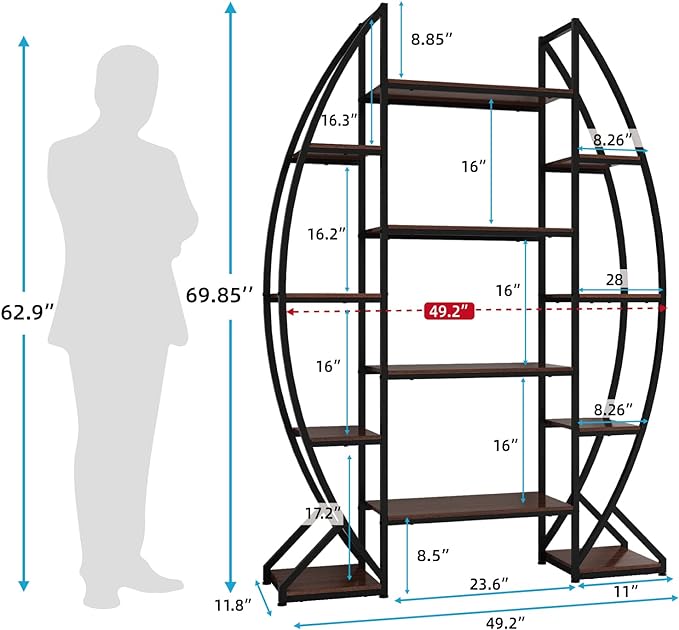 Large Oval Bookshelf, 70“ Tall Open 5 Tier Industrial Bookcases, Modern Etagere Bookcase Furniture, Wall Units for Living Room, Bookshelves Display Shelves for Office - LeafyLoom