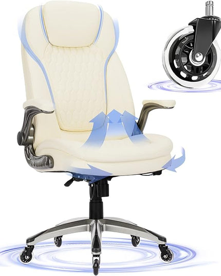 Executive Office Chair-Ergonomic Computer Desk Chair with Upgraded Caster for Swivel, High Back Office Chair with Padded Flip-up Arms, Stylish Leather Chair Thicken Seat for Comfort (Ivory, 300lbs) - LeafyLoom