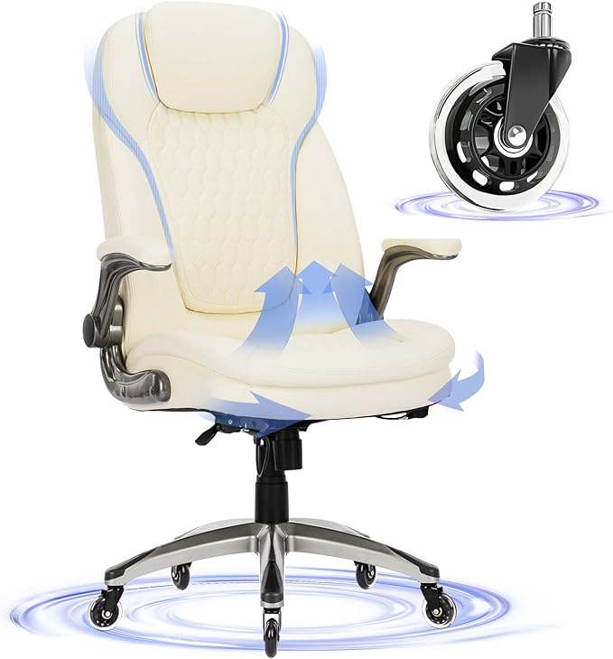 Executive Office Chair-Ergonomic Computer Desk Chair with Upgraded Caster for Swivel, High Back Office Chair with Padded Flip-up Arms, Stylish Leather Chair Thicken Seat for Comfort (Ivory, 300lbs) - LeafyLoom