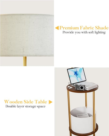 Lightdot 57IN Floor Lamp with Shelves, Mid Century Modern Standing Lamps with Bulb and Storage Bag Included, Gold Pole End Table with Lamp Attached for Living Room Bedroom - LeafyLoom