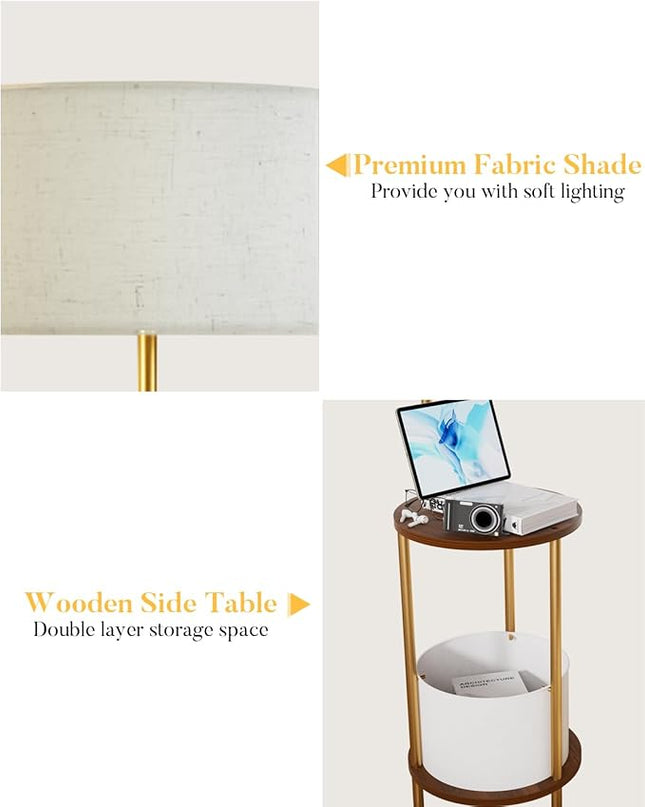 Lightdot 57IN Floor Lamp with Shelves, Mid Century Modern Standing Lamps with Bulb and Storage Bag Included, Gold Pole End Table with Lamp Attached for Living Room Bedroom - LeafyLoom