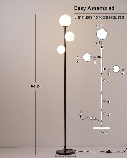 3 Globe Mid Century Floor Lamp, 3 Lights Black Floor Lamp for Living Room LED Bulbs Included with Warm Lighting, Modern Standing lamp Farmhouse Retro Home Decor for Bedrooms Office - Matte Black - LeafyLoom