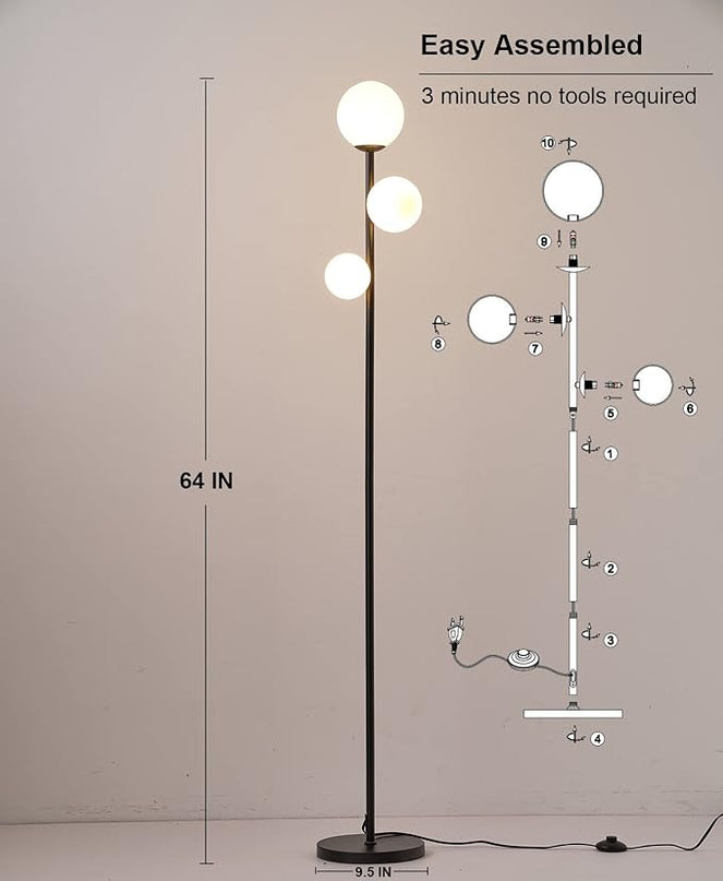 3 Globe Mid Century Floor Lamp, 3 Lights Black Floor Lamp for Living Room LED Bulbs Included with Warm Lighting, Modern Standing lamp Farmhouse Retro Home Decor for Bedrooms Office - Matte Black - LeafyLoom
