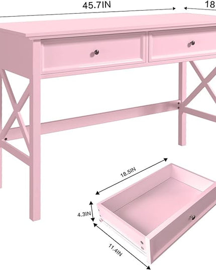 Writing Computer Desk with Drawers, Cute Modern Table for Bedrooms, Pink Vanity Table Office Desk with Drawers, Home Computer Desk for Girls Living Room Entryway, Pink - LeafyLoom