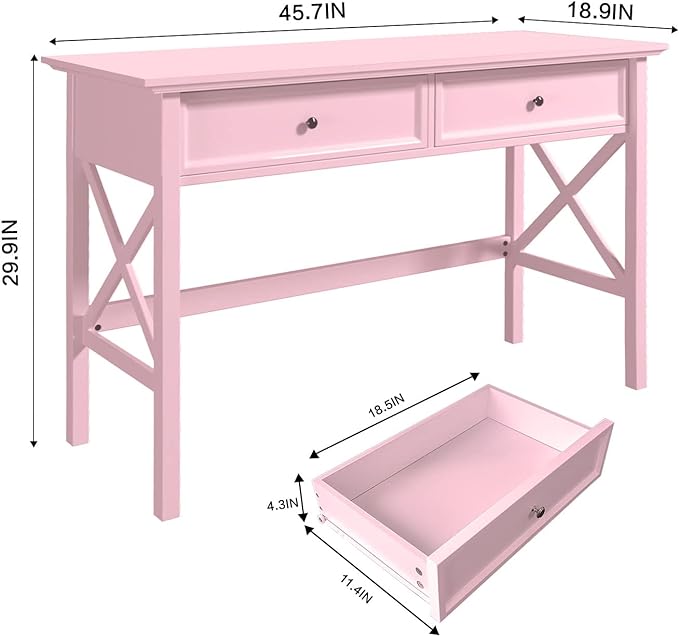 Writing Computer Desk with Drawers, Cute Modern Table for Bedrooms, Pink Vanity Table Office Desk with Drawers, Home Computer Desk for Girls Living Room Entryway, Pink - LeafyLoom