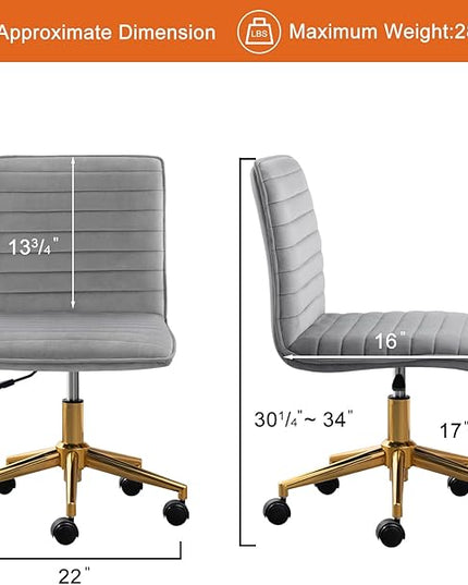 Furniliving Home Office Chair, Armless Vanity Chair with Wheels Swivel Velvet Computer Rolling Desk Chair with Back, Adjustable Accent Chair with Gold Metal Base Stool Chair,Gray - LeafyLoom