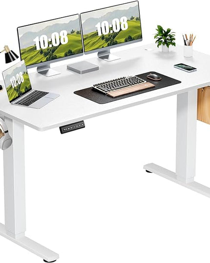 Sweetcrispy Electric Adjustable Height Standing Desk - 55 x 24 inch Sit to Stand Up Desk with Splice Board, Rising Home Office Computer Table with 2 Hook and Wire Hole for Work - LeafyLoom