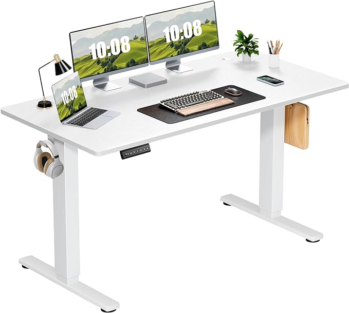 Sweetcrispy Electric Adjustable Height Standing Desk - 55 x 24 inch Sit to Stand Up Desk with Splice Board, Rising Home Office Computer Table with 2 Hook and Wire Hole for Work - LeafyLoom