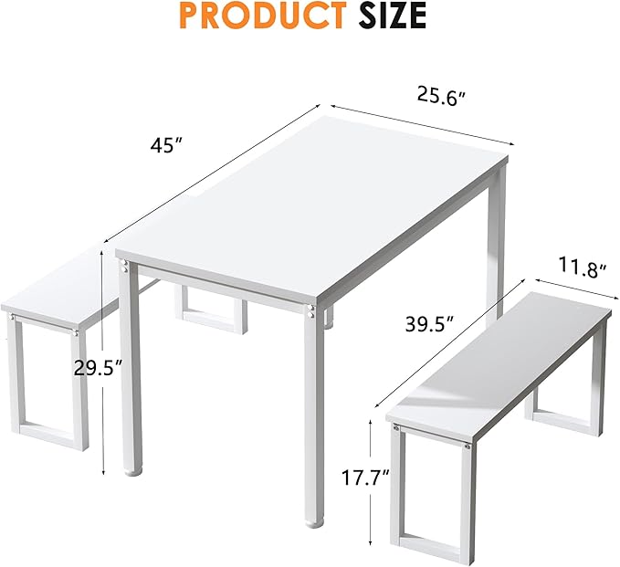 soges Kitchen Table Set with 2 Benches, White Dining Table Set for 4, 3 Piece Dining Room Table and Long Benches, Breakfast Table Coffee Table Set, Industrial Style Wooden Kitchen and Dining Room Set - LeafyLoom