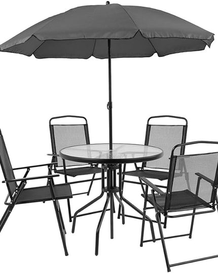 Flash Furniture Nantucket 6 Piece Patio Garden Table Set - Umbrella Table - Set of 4 Black Folding Chairs - LeafyLoom