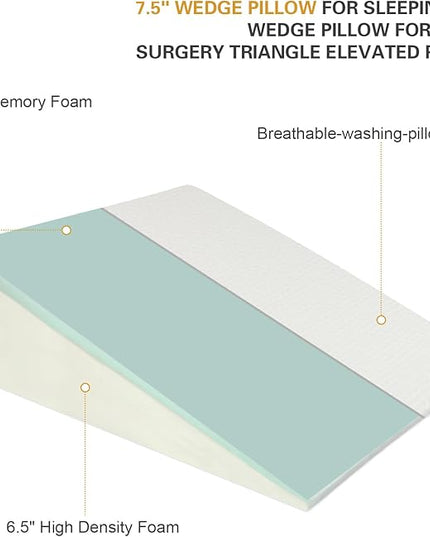 8" Bed Wedge Pillow for Sleeping, Triangle Pillow Memory Foam Top Wedge Pillow for Head, Back, Knee Support Leg Elevation Pillows for Acid Reflux, Reading, with Remover Washable Cover - LeafyLoom