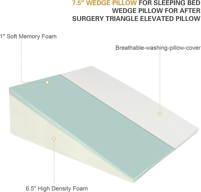 8" Bed Wedge Pillow for Sleeping, Triangle Pillow Memory Foam Top Wedge Pillow for Head, Back, Knee Support Leg Elevation Pillows for Acid Reflux, Reading, with Remover Washable Cover - LeafyLoom