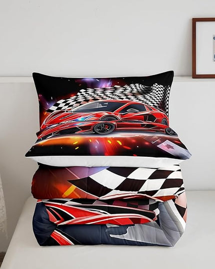 Feelyou Speed Sports Car Comforter Set Twin Size Extreme Sports Bedding Set for Kids Boys Girls Decor Red Comforter Microfiber Checkerboard Quilt Set Bedroom Bedclothes… - LeafyLoom