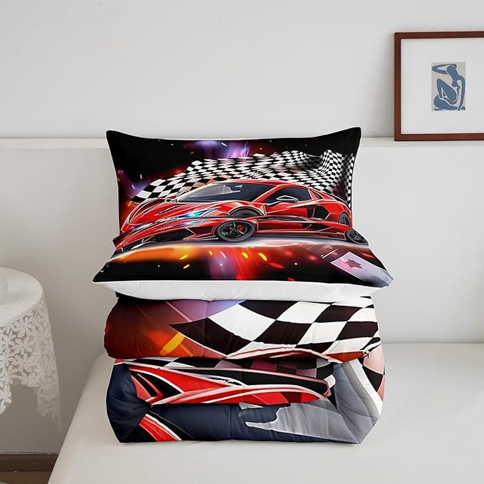 Feelyou Speed Sports Car Comforter Set Queen Size Extreme Sports Bedding Set for Kids Boys Girls Decor Red Comforter Microfiber Checkerboard Quilt Set Bedroom Bedclothes… - LeafyLoom
