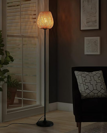 Japanese Style Bamboo Floor Lamp Rattan Handwoven Modern Standing Lighting Black Metal Legs Industrial Vintage Farmhouse Tall Floor Light Fixture for Living Room, Bedroom,Office Without E26 Bulb - LeafyLoom