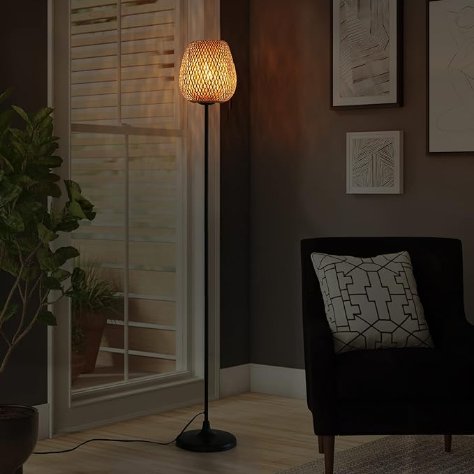 Japanese Style Bamboo Floor Lamp Rattan Handwoven Modern Standing Lighting Black Metal Legs Industrial Vintage Farmhouse Tall Floor Light Fixture for Living Room, Bedroom,Office Without E26 Bulb - LeafyLoom