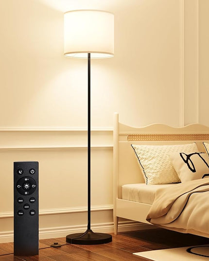LED Floor Lamp for Living Room,Dimmable Standing Lamps with Lampshade and LED Bulb,Custom Color Temperature Tall Lamp for Bedroom with Foot Switch and Remote,Black Pole Lamp for Kid Room - LeafyLoom
