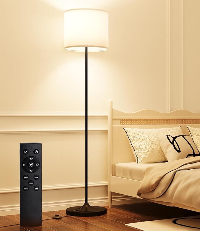LED Floor Lamp for Living Room,Dimmable Standing Lamps with Lampshade and LED Bulb,Custom Color Temperature Tall Lamp for Bedroom with Foot Switch and Remote,Black Pole Lamp for Kid Room - LeafyLoom