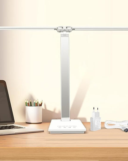 Desk Lamp Dimmable Table Lamp Foldable Reading Lamp Double Swing Arm Desk Light with USB Charging Port,5 Light Modes, Touch Control, Auto-Off Timer, Eye-Caring Led Desk Lamp (Silver) - LeafyLoom