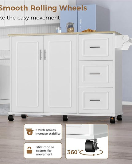 54" Large Kitchen Island Cart with Drop Leaf, Kitchen Island with Storage, Rolling Kitchen Island with Inside Cabinet, 3 Drawers, Spice Rack, Towel Rack and Wood Tabletop(White) - LeafyLoom