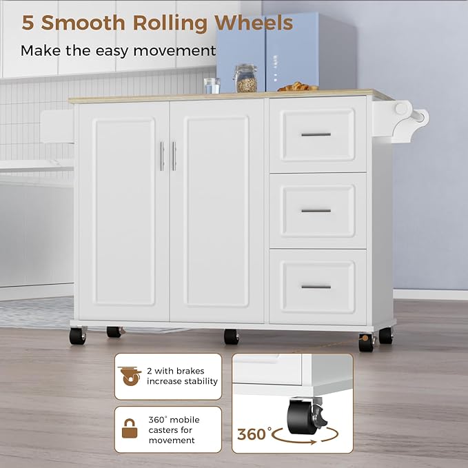54" Large Kitchen Island Cart with Drop Leaf, Kitchen Island with Storage, Rolling Kitchen Island with Inside Cabinet, 3 Drawers, Spice Rack, Towel Rack and Wood Tabletop(White) - LeafyLoom