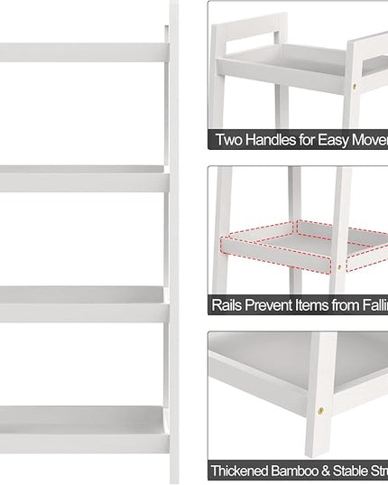 4 Tier Bamboo Bookshelf, Free Standing Ladder Shelf, Storage Shelf Rack for Bathroom, Kitchen, Living Room - White - LeafyLoom