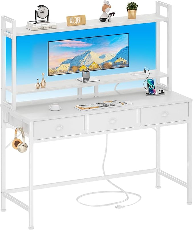 Furologee White Gaming Desk with Power Outlet and LED Light, 47" Computer Desk with 3 Fabric Drawers, Home Office Desk with Monitor Stand and Hutch for Small Space Working, Study Table with Shelf - LeafyLoom