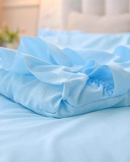 A Nice Night Waterfall Flutter Ruffle 3PCS Comforter Set,Chic Ruffled Textured Princess Bedding Set,Blue,Twin - LeafyLoom