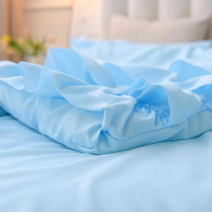 A Nice Night Waterfall Flutter Ruffle 3PCS Comforter Set,Chic Ruffled Textured Princess Bedding Set,Blue,Twin - LeafyLoom